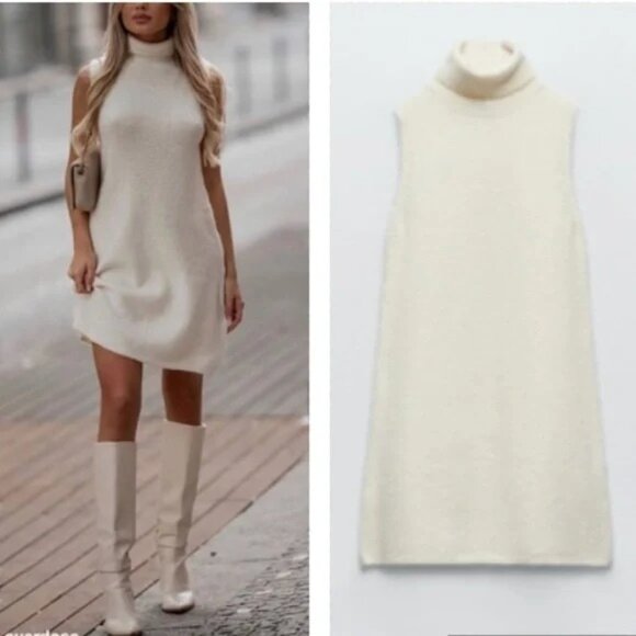 Zara Dresses & Skirts - Zara Turtle Neck Sleeveless Knit Sweater Dress Beige L